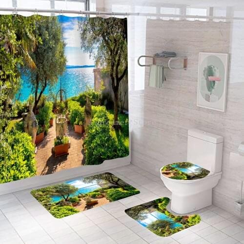 Modern Life 3D Printing Forest Shower Curtain Green Tree Beach Landscape Bath Curtain With Hooks For Bathroom Waterproof Scenery