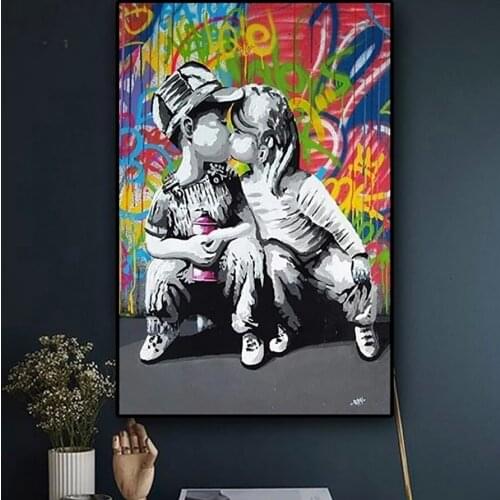 Modern Graffiti Street Art Abstract Boy Kiss Girl Canvas Painting Poster And Prints Banksy Pop Wall Picture For Living Room
