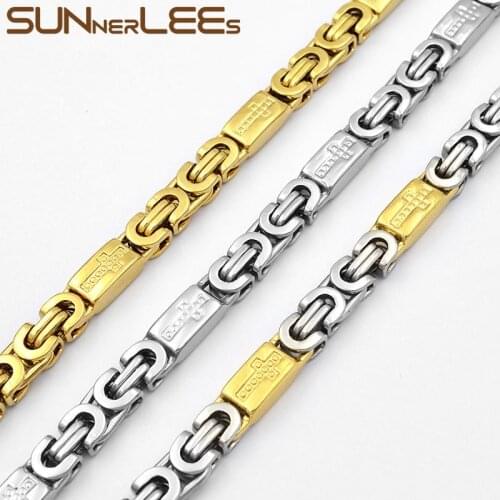 SUNNERLEES Jewelry Stainless Steel Necklace 6mm~11mm Silver Color Gold Plated Box Cross Byzantine Link Chain Men Women Gift SC48