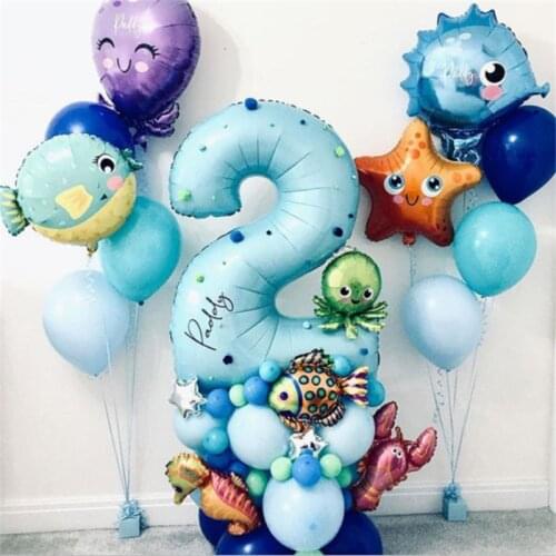 44pcs/set Under Sea Ocean World Animal Balloons Blue Number Balloon Sea Theme Happy Birthday Party Decoration Kids Baby Shower