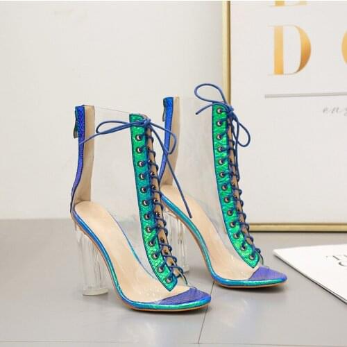 Clear Chunky heels Women Ankle boots Summer Sandals Sexy PVC Transparent Gladiator Sandals Cross Strappy Peep Toe Shoes