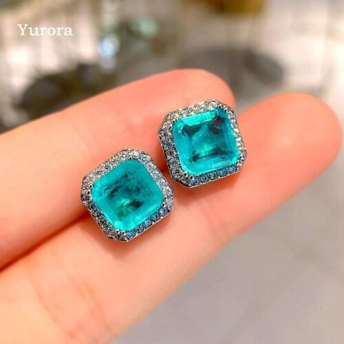 Luxury Natural Stone Paraiba Square Tourmaline Gemstone Earrings For Women Stud Ear Engagement Party Fine Jewelry Wholesale 2021