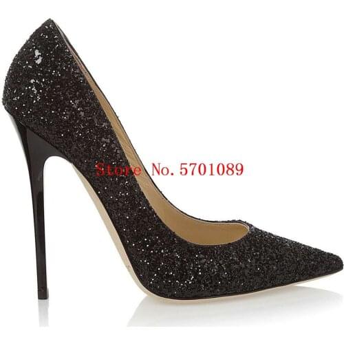 Bling Bling Glitter Stilleto Thin High Heel Shoes Black Fashion Anouk Glitter-finished Leather Pumps 35-41