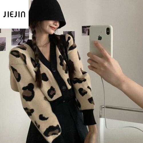 Korea Leopard Print Knitted Sweater Women V-Neck Buttons Short Cardigan Casual Ladies Outwear Autumn Vintage Chic Tops Female