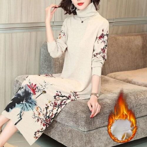 Autumn Winter Fashion Vintage Casual Floral Knit Turtleneck Warm Sweater Dress 4XL Plus Size Bodycon Elegant Long Dresses Y531
