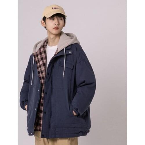Winter Cotton Padded Jacket Mens Warm Fashion Casual Fake Two-piece Hooded Coat Men Loose Korean Short Coat Mens Clothes