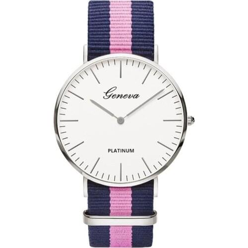 100pcs/lot Geneva Watch Causal Stripe Nylon Belt Watch Unisex Fashion Ultrathin Wristwatch Classic Clock Factory Wholesale