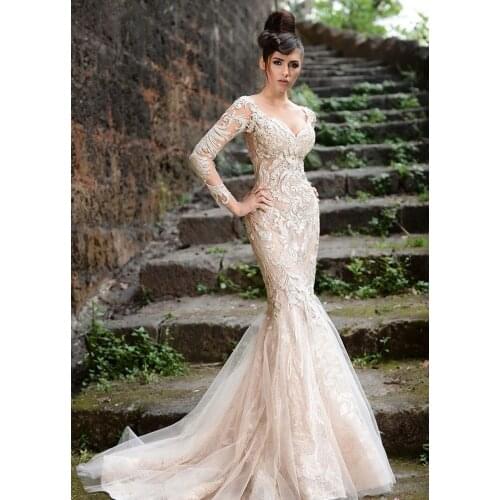 2018 Deep V Neckline Long Sleeve Lace Formal Evening Gowns Champagne Mermaid Prom bridal gown mother of the bride dresses