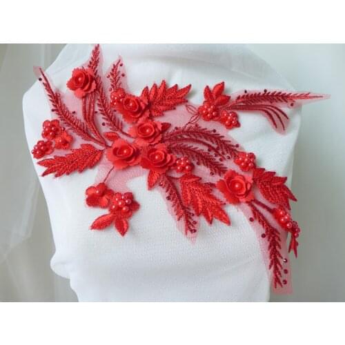 3D Flower Pearl Beaded Lace Applique Embroidery Sew On Patches For Wedding Party Decor, Headpiece Black/Navy Blue/Champagne