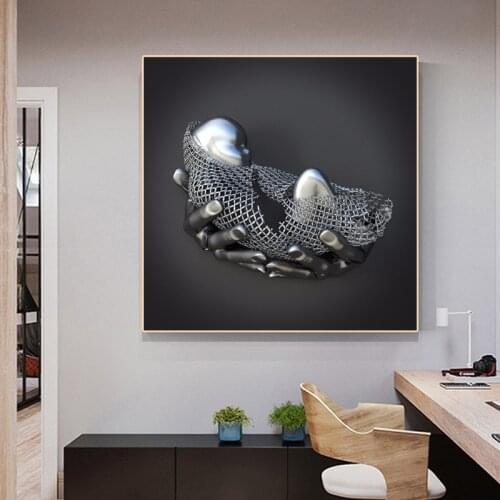Abstract Baby Metal Sculpture Canvas Painting Wall Art Posters and Prints Silver Statue Wall Picture for Living Room Home Decor