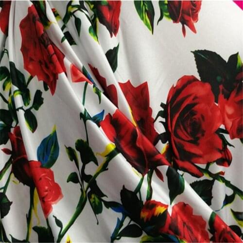 White bottom red rose milk silk bottom cloth fabric for sewing dress swimsuit DIY Homedecor Table Cloth Fabric 1Meter