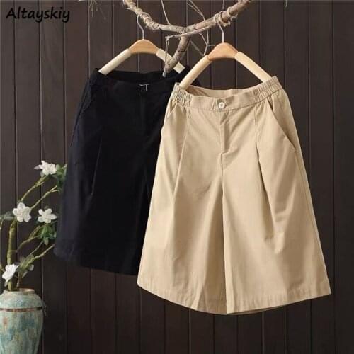 Casual Pants Women Simple Calf-length Unisex Harajuku Elastic Waist Summer Loose Leisure Daily Wide-leg Trousers Office Lady New