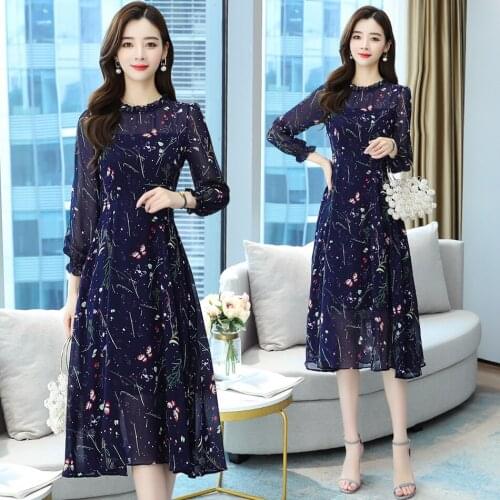 Long Women Floral Chiffon Dress Auttumn Spring Runway 2020 Korean Long Sleeve Dress Elegant Boho Casual Party Dresses fairy