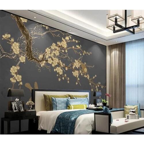 Custom Murals Beautiful hand painted new chinese style flower and bird golden relief TV bedroom Background Decor Wallpaper 3D