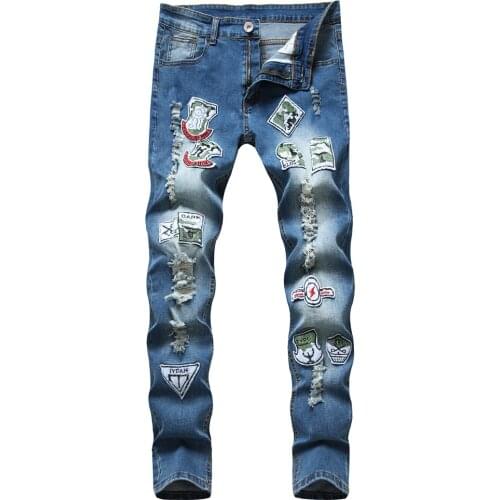 Hip Hop Hipster Streetwear Print Jeans Mens Embroidery Patchwork Ripped Beggar Denim Pants Personality Slim Fit Cowboys Trousers