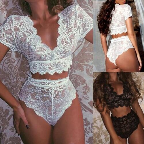 2Pcs Women Bra Panty Women Underwear Set Lace Floral V-Neck Short-Sleeves Crop Tops+ High- Waist Briefs Female Sexy Suit 2021