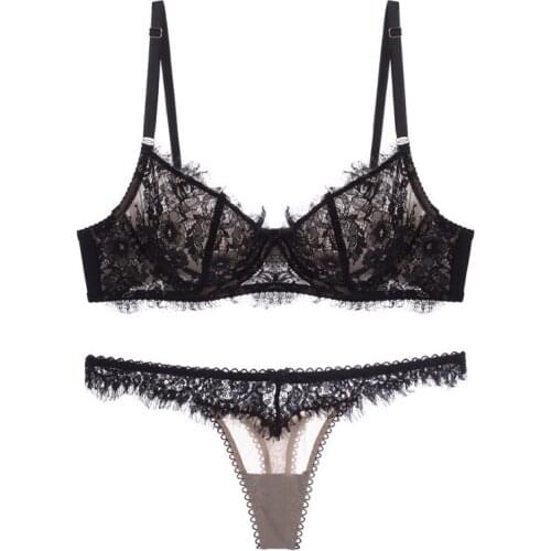 Underwear Women Set Sexy Lingerie for Small Breast Thong Set Ultra Thin Lace Bralette Solid Color Breathable Backless Bra