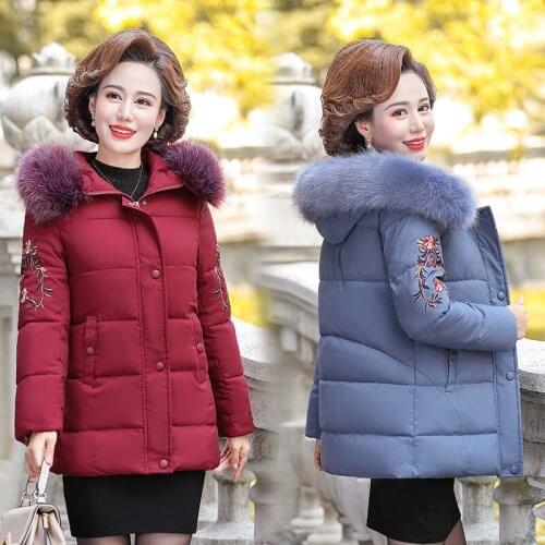 Middle-aged mother Cotton padded Embroidered Jacket Short Loose Fur collar Hooded Parka Warm Thicker Female Plus size Outwear