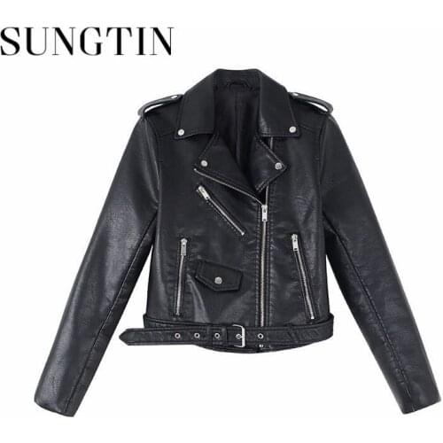 Sungtin Fashion PU Leather Jacket Women High Street Biker Faux Leather Cool Jackets BF Style Punk Streetwear Coat Chic Zipper