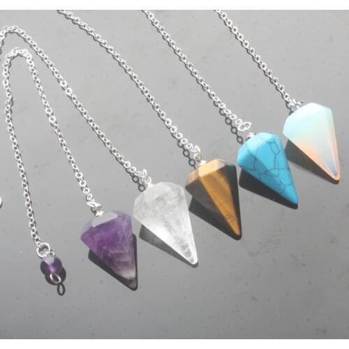 14X22MM Small Size Amethysts Lapis Opal Clear Crystal Stone Cone Chain Dowsing Healing Chakra Hexagon Pendulum With Chain 1PC
