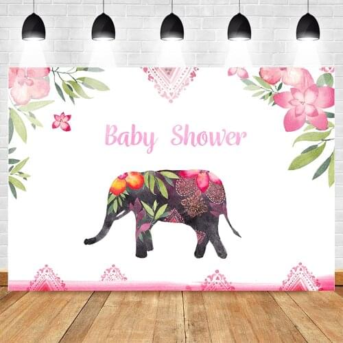 MOCSICKAFloral Elephant Baby Shower Backdrop for Photography Exotic Thailand Style Baby Shower Newborn Background Pink Flowers