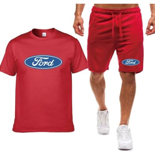 Fashion Summer new Mens T-shirt Ford Car Logo Cotton high quality cotton Solid color Mens short sleeve + shorts 2-piece set