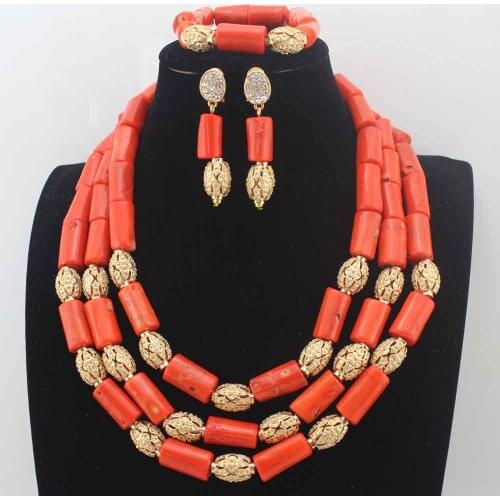 Orange African Coral Beads Jewelry Set Nigerian Wedding beads Indian Costume Bridal beaded Necklace Set Free Shipping W13890