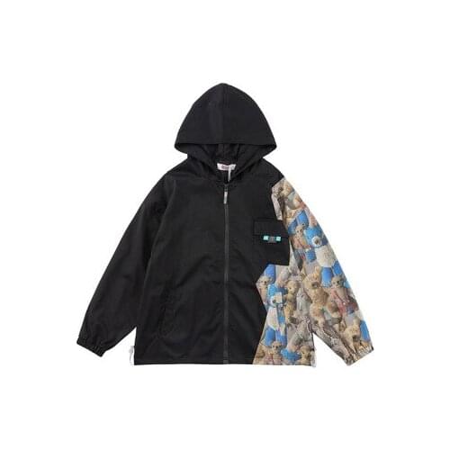 Autumn And Winter New Product Trendy Brand Hooded Color Matching Bear Digital Printing Handsome Men And Women Loose Thin Jacke