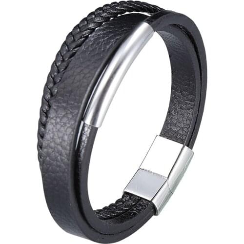New Design Mutilayer Handmade Black Braided Leather Bracelets Bangles for Men Stainless Steel Fashion Wristband Best Gift PD1010