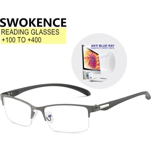 SWOKENCE Business Reading Glasses +100 to +400 Women Men Half Alloy Frame Anti Blue Ray Presbyopic Eyeglasses Hyperopia R512