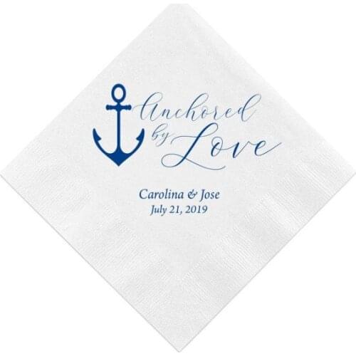 Personalized Anchored by Love Wedding Napkins, Rehearsal Dinner, Engagement Party Custom Bar Napkins Personalize Wedding Napkins