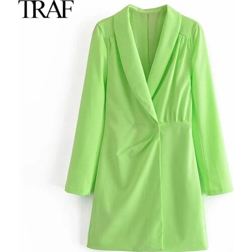 TRAF Womens Clothing Dresses Fluorescent Green Short Autumn Dress Women Fashion Button Up Long Sleeve Mini Elegant Dresses
