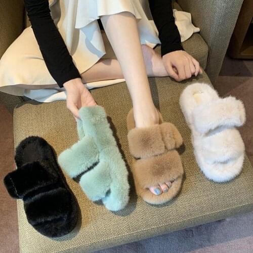 Fluffy Womens Outdoor Imitation Mink Fur Slippers Household House Rubber Sole Sandals Non-Slip Household Indoor Slippers