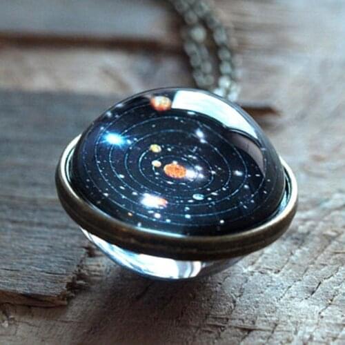 Handmade Universe Star Ball Pendant Necklace Double Sided Glass Ball Glowing Pendant Gold Chain Luminous Planet Jewelry Unisex