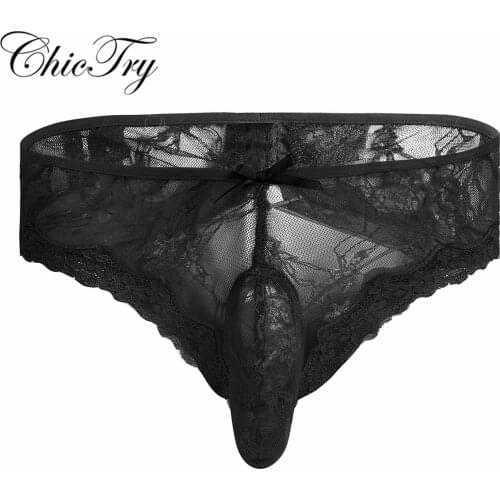 Sexy Floral Lace Men Lingerie Panties Lace See-through Open Butt Bikini Briefs Underwear for Lingerie Night Mens Nightwear Brief