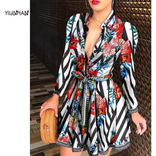YILINHAN Sexy Women Deep V-neck Mini Dress Spring Autumn Long Sleeve Chain Print Dresses Laides High Waist Party DressesClubwear