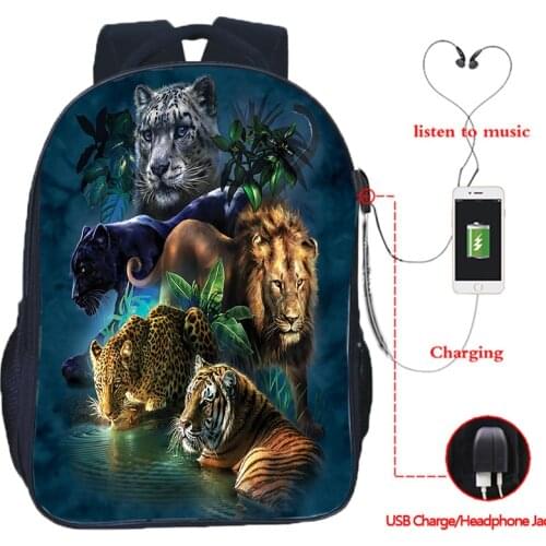 Mochilas 3D Lion Tiger Wolf Panda School Backpacks Boys Girls USB Charging Book Rucksack Teenage Bookbags Children Daily Bags