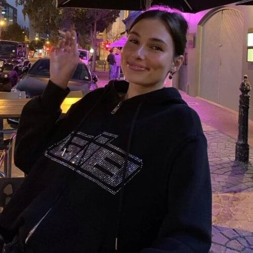 Zip Up Sweatshirt Hoodies Women Fashion Streetwear Stick Diamond Hooded Tops 2021 New Arrival Pullover Full Sleeve Femme Hoodies