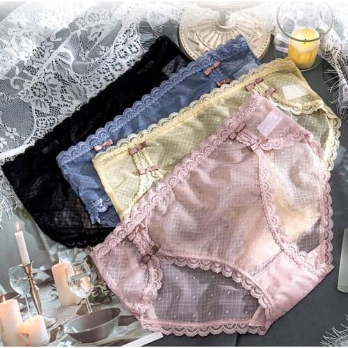 Roseheart Women Fashion Pink Blue Cotton Bottom Lace Mesh Low Waist Panties Underwear Lingerie Sexy Women Briefs Underpants
