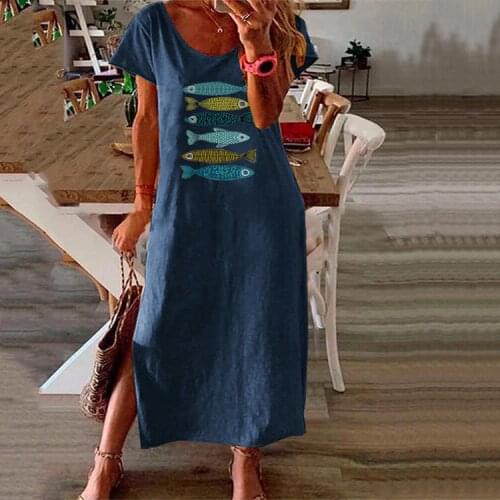 Womens summer 2021 round neck short-sleeved slit cotton and linen series casual fashion long skirt with fish pattern