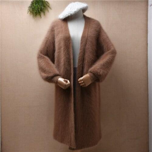 Female women winter thick warm mink cashmere knitwear inside long lantern sleeves loose long sweater cardigan angora fur coat