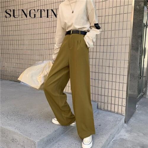 Sungtin High Waist Wide Leg Office Lady Pants Women Casual Loose Trousers OL Button Up Retro Straight Long Pants Korean Fashion