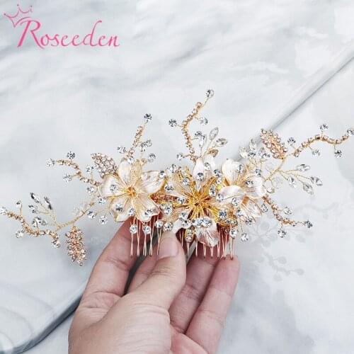 Gold Bride Hair Comb Headpiece Hair Accessories Crystal Pearl Beads Wedding Hair Jewelry Women Hair Piece RE3788