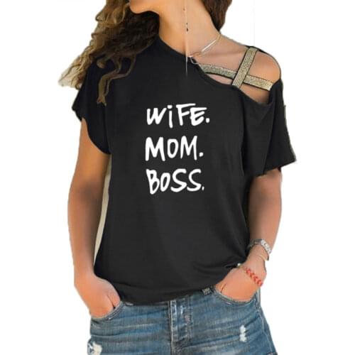 New WIFE MOM BOSS Fashion Print Funny Teeshirt Women Short sleeve Loose Irregular Skew Cross Bandage Tops Tee