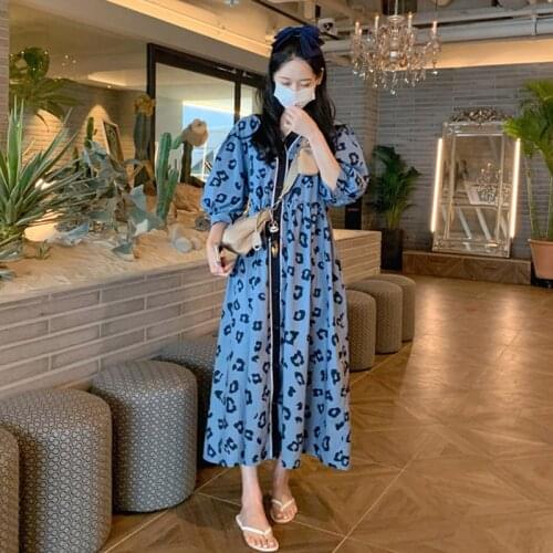 Johnature Print V-neck Dresses For Women 2021 Summer Korean New Single-breasted Loose Puff Sleeve Female Dress