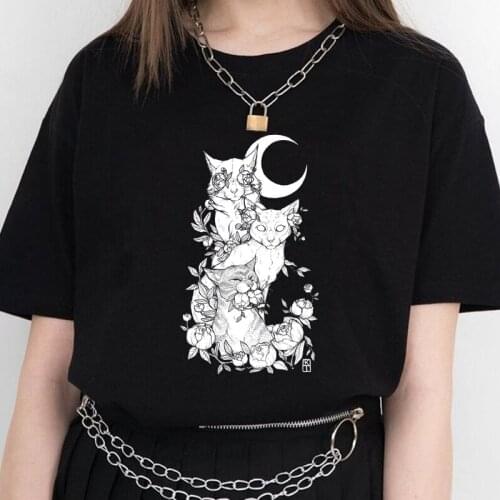 Spooky Crystal Ball Moon Cat Women T Shirts 90s Grunge Fashion Gothic Graphic Tee Pastel Goth Clothes Witch Wicca Saying Tops