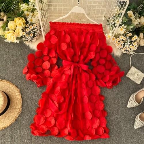 2021 Summer Women Fashion One Shoulder Puff Sleeve Elegant Dress Solid Sexy Ladies Dresses Robe Multicolor 3D Floral Vestidos