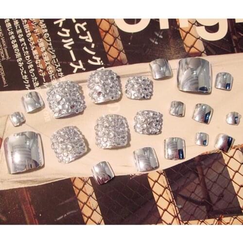 24Pcs Charming Foot False Nail Tips Glitter Rhinestone Fake Toes Nails Tool J25