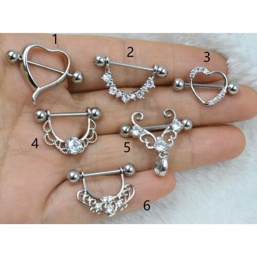 50PCS Mix Styles Body Jewelry- CZ Gems Heart Nipple Breast Piercing Nipple Barbells Punk 14G Body Piercing Jewelry