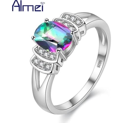 Almei Wedding Rings Mystic Rainbow Pink Blue Stones Womens Jewelry Silver Color Ring Women Bisuteria Anillos Jewellery Y3310